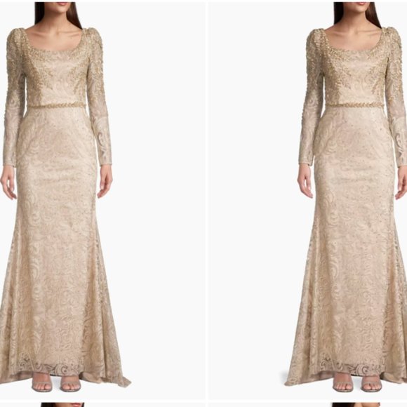 MAC DUGGAL 11187 EMBROIDERED APPLIQUE SHOULDER TRUMPET LIGHT GOLD GOWN sz 6 - Picture 1 of 6